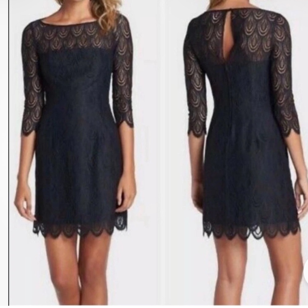LILLY PULITZER Lace NAVY Dress Lined 3/4 sleeves Above Knee EUC worn once US 14